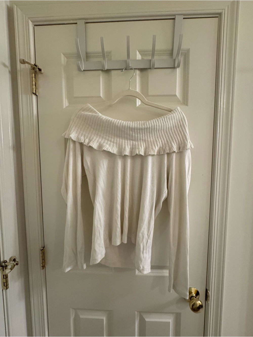 Rafaella Off-Shoulder Cream Ribbed-Neck Sweater